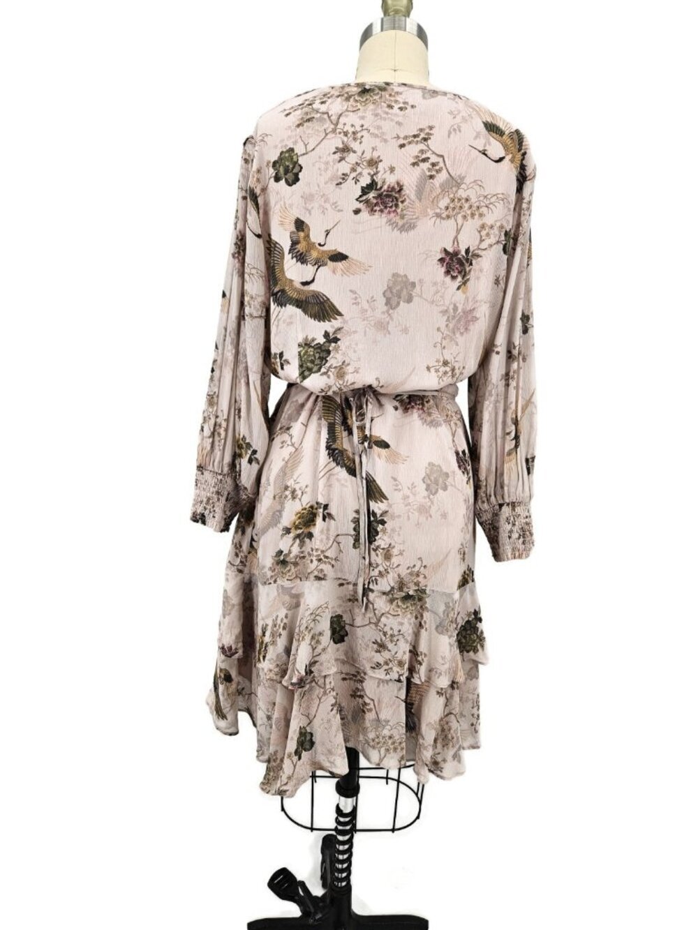 Allsaints Ari Peggy Floral Print Wrap Dress Womens 12 Dusty Pink Crane  Ruffles - Picture 5 of 9